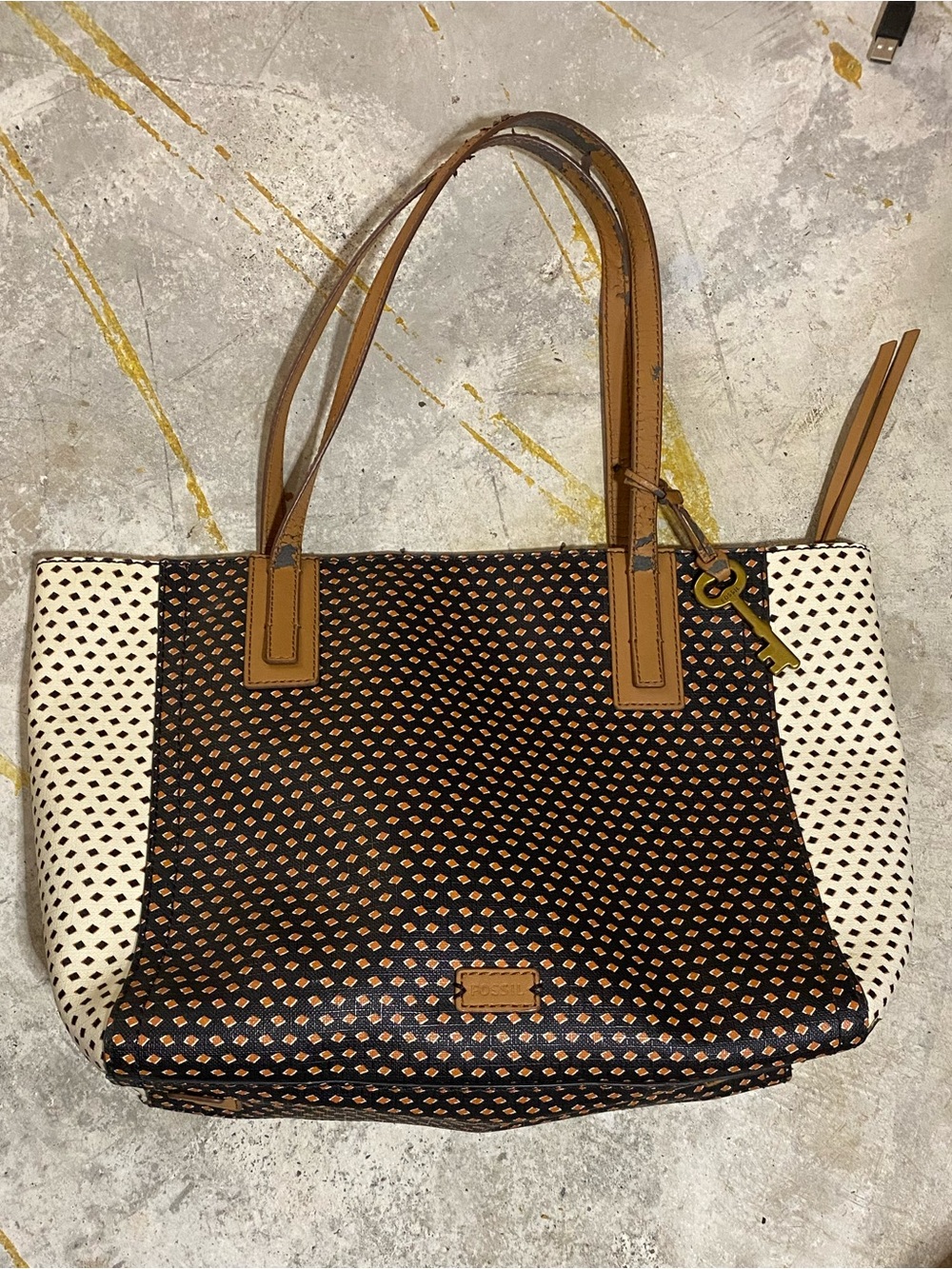 Fossil Black and Cream vertical Block Pattern Tote with Tan Trim